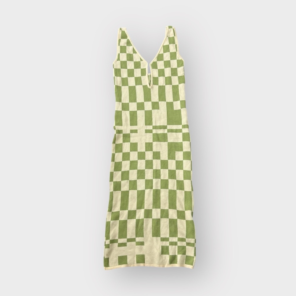 Green Cream Checkered Cutout Plunge Midi Knit Dress